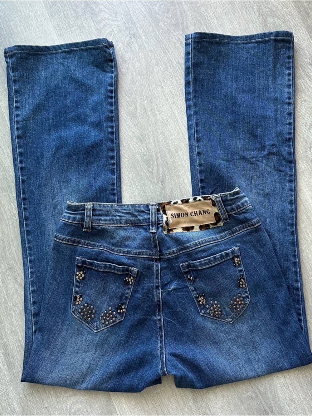Vintage Simon Chang Y2K Studded Jeans Leopard Patch
